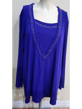 Quacker Factory 2X Shirt Top Purple Embellished/Sequins Long Sleeve